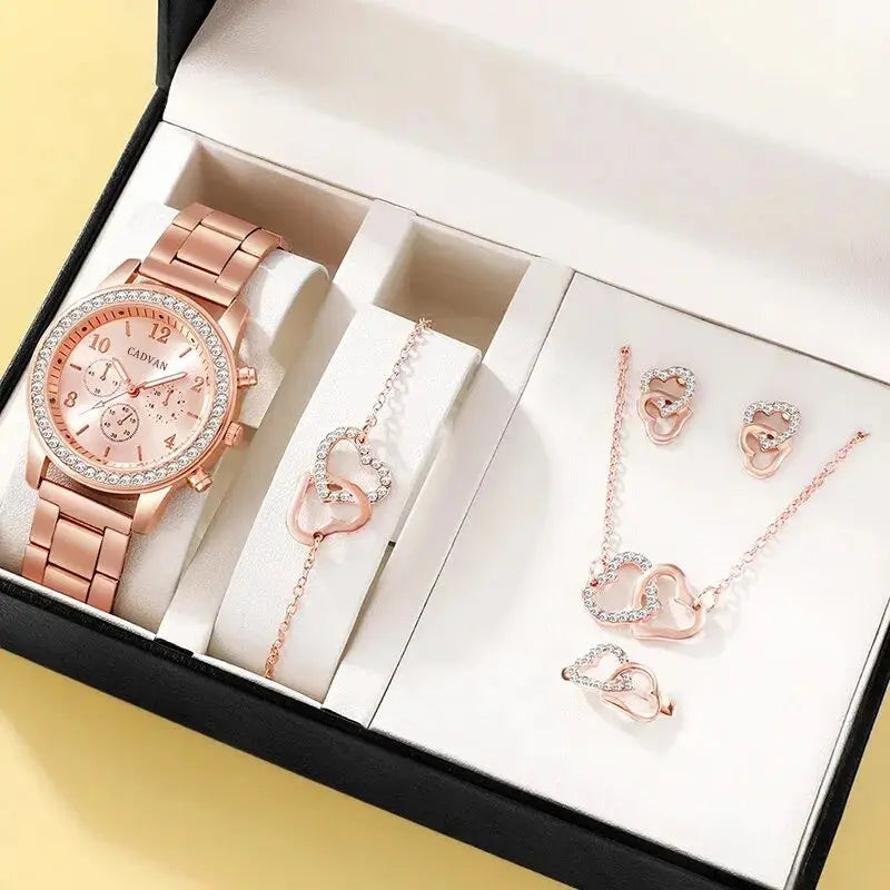 6PCS Set Rose Gold Luxury Watch Women Ring Necklace Earring Rhinestone Fashion Wristwatch Casual Ladies Bracelet Watches BABEL.FASHION power by FashionBrandsTop.com