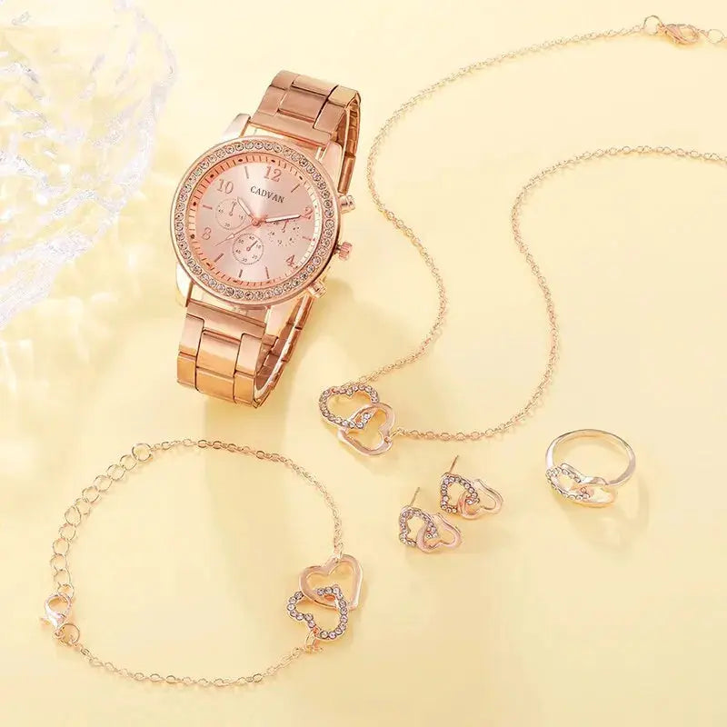 6PCS Set Rose Gold Luxury Watch Women Ring Necklace Earring Rhinestone Fashion Wristwatch Casual Ladies Bracelet Watches BABEL.FASHION power by FashionBrandsTop.com