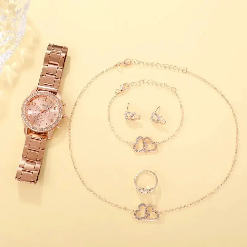 6PCS Set Rose Gold Luxury Watch Women Ring Necklace Earring Rhinestone Fashion Wristwatch Casual Ladies Bracelet Watches BABEL.FASHION power by FashionBrandsTop.com