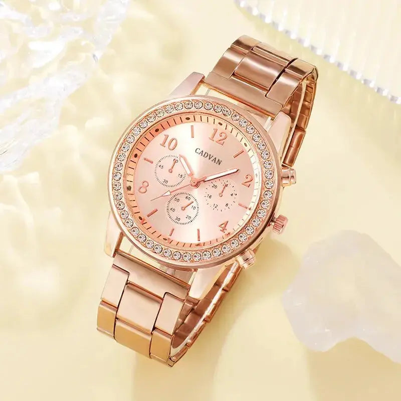 6PCS Set Rose Gold Luxury Watch Women Ring Necklace Earring Rhinestone Fashion Wristwatch Casual Ladies Bracelet Watches BABEL.FASHION power by FashionBrandsTop.com