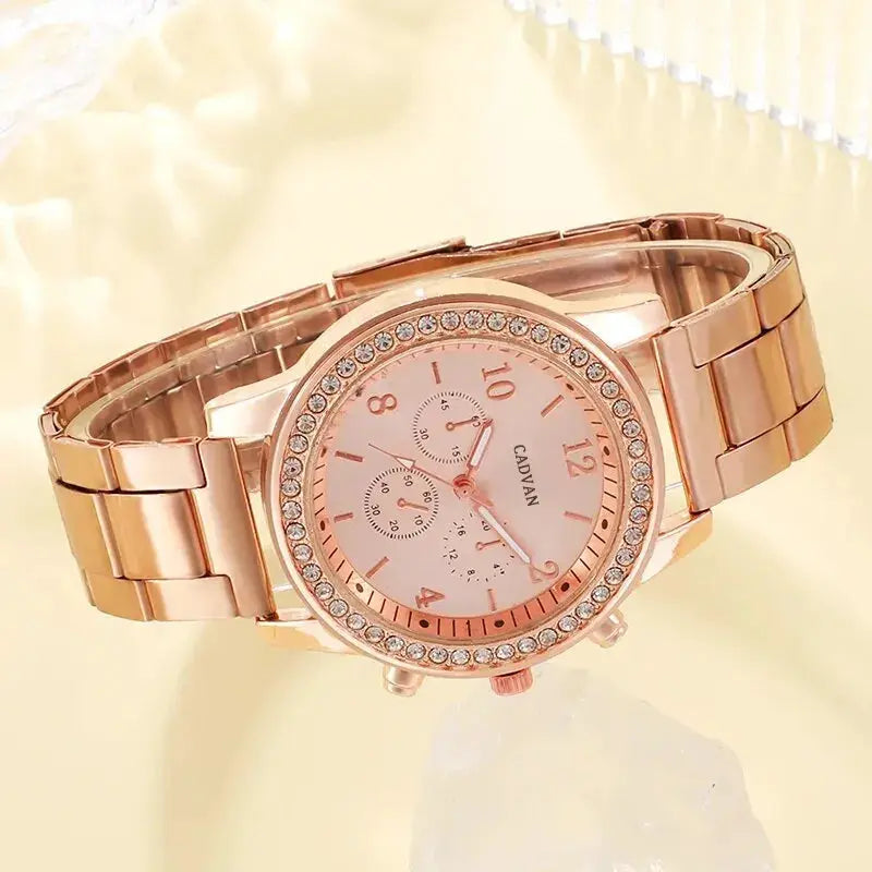 6PCS Set Rose Gold Luxury Watch Women Ring Necklace Earring Rhinestone Fashion Wristwatch Casual Ladies Bracelet Watches BABEL.FASHION power by FashionBrandsTop.com