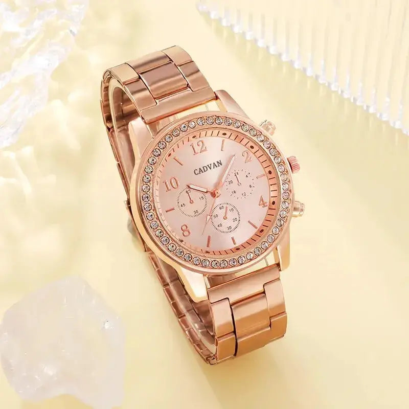 6PCS Set Rose Gold Luxury Watch Women Ring Necklace Earring Rhinestone Fashion Wristwatch Casual Ladies Bracelet Watches BABEL.FASHION power by FashionBrandsTop.com