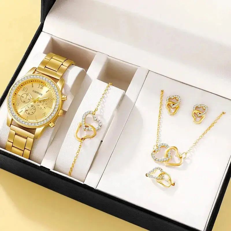 6PCS Set Rose Gold Luxury Watch Women Ring Necklace Earring Rhinestone Fashion Wristwatch Casual Ladies Bracelet Watches BABEL.FASHION power by FashionBrandsTop.com