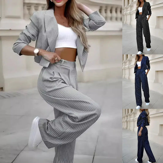 Fashion Striped Suits Casual Lapel Long Sleeve Cropped Top And Straight Pants Outfits Women's Clothing BABEL.FASHION power by FashionBrandsTop.com