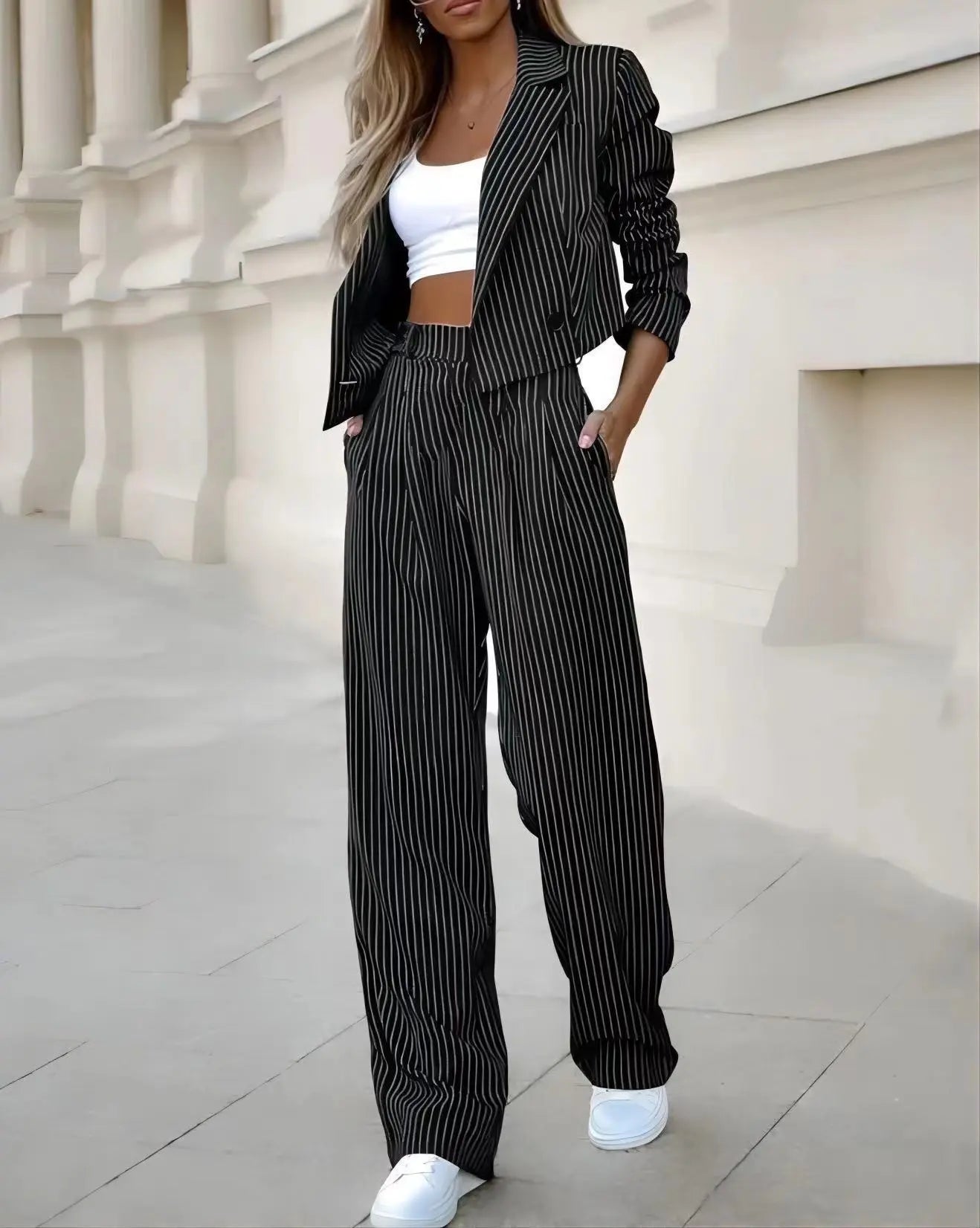 Fashion Striped Suits Casual Lapel Long Sleeve Cropped Top And Straight Pants Outfits Women's Clothing BABEL.FASHION power by FashionBrandsTop.com