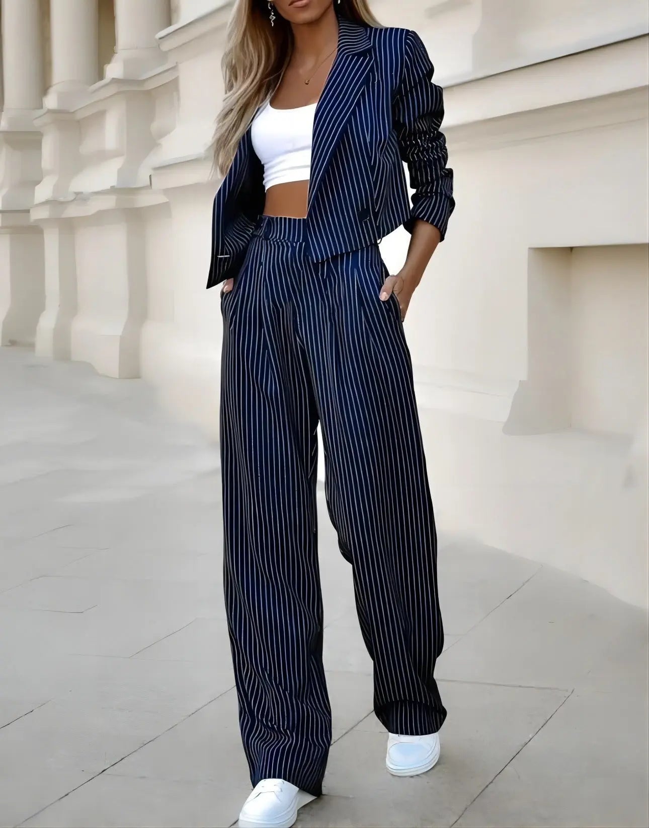 Fashion Striped Suits Casual Lapel Long Sleeve Cropped Top And Straight Pants Outfits Women's Clothing BABEL.FASHION power by FashionBrandsTop.com