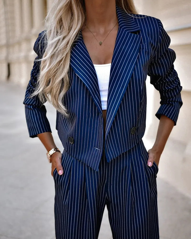 Fashion Striped Suits Casual Lapel Long Sleeve Cropped Top And Straight Pants Outfits Women's Clothing BABEL.FASHION power by FashionBrandsTop.com