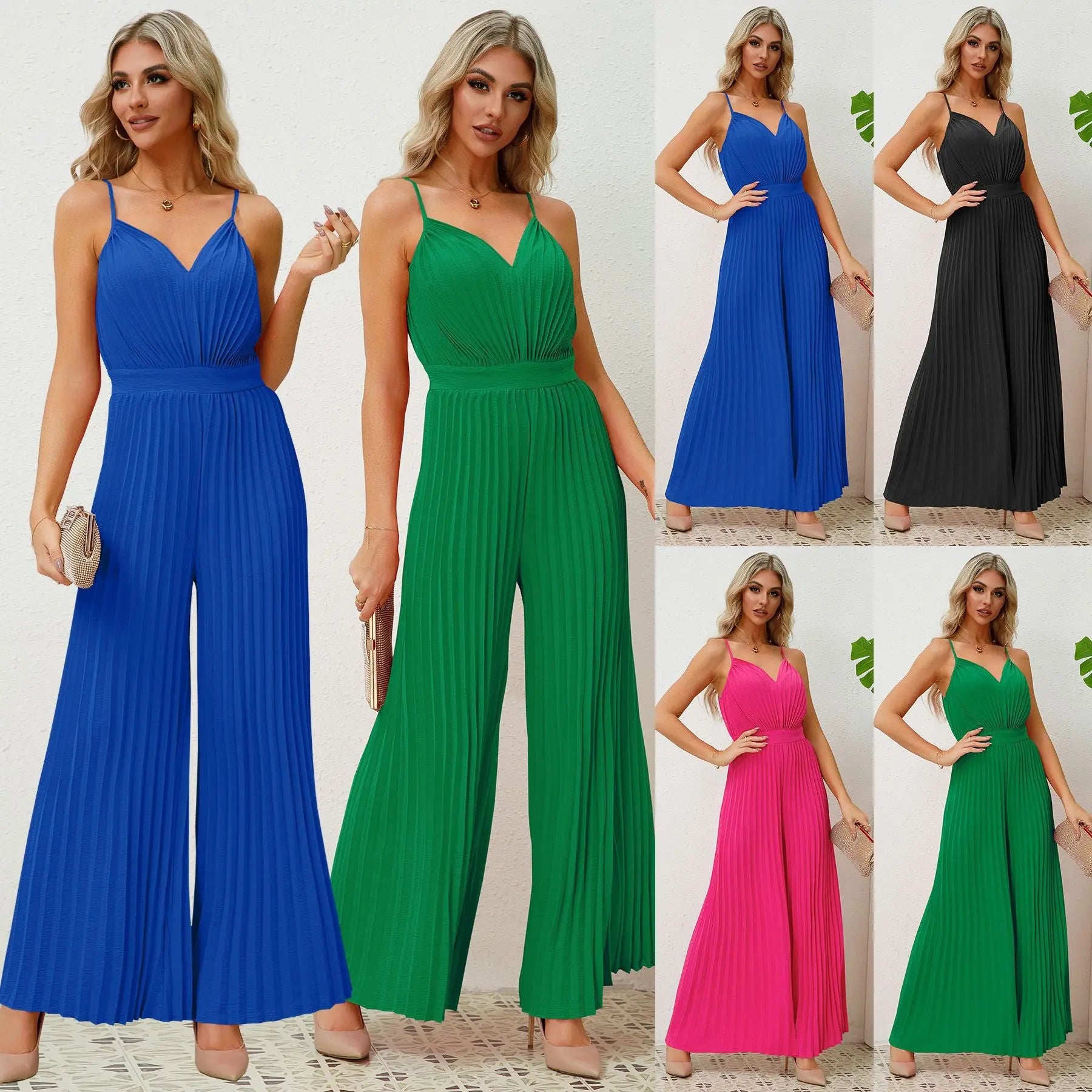 V-neck Jumpsuit Loose Straight Pants Womens Clothing Babel.fashion