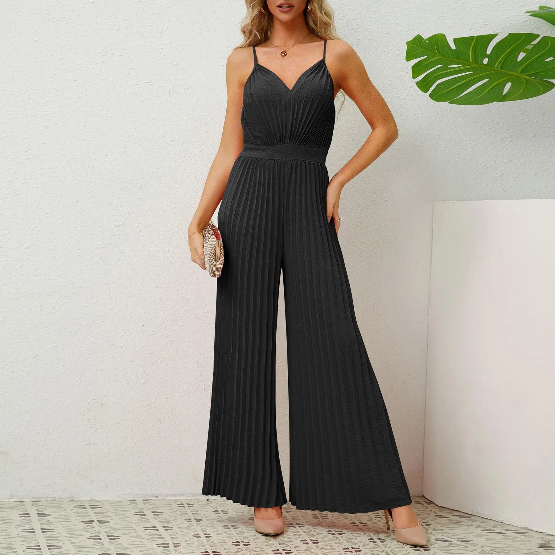 V-neck Jumpsuit Loose Straight Pants Womens Clothing Babel.fashion